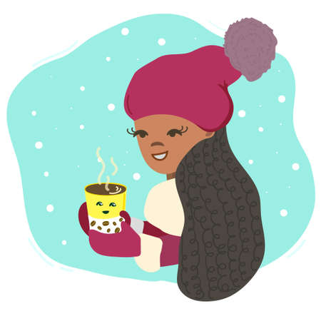 Beautiful happy girl drinks coffee outdoors on a snowy frosty day. Vector illustrationのイラスト素材