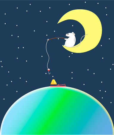 A white mouse sits on the moon and catches a piece of cheese on the fishing rod.のイラスト素材
