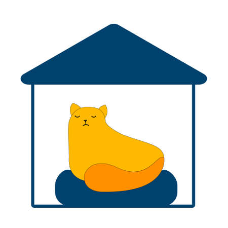 Big red cat on a pillow in the blue cats house vectorのイラスト素材