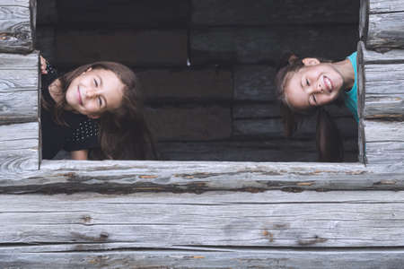 Children spend vacation in the village and playing in wooden houseの写真素材