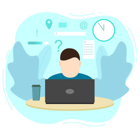 A man at a computer is looking for information on the Internet and drinking coffeeのイラスト素材