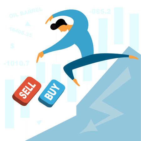 Conceptual vector illustration of stock exchange collapse. The stock broker is playing at lower prices in a flat styleのイラスト素材