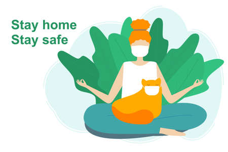 Vector image freelancer working from home. Woman in lotus asana in medicine mask with laptop and coffee surrounded coronavirus outdoor.のイラスト素材