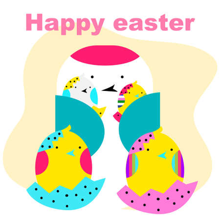 Vector easter greeting card. Family of bright multi-colored chickens with dad cockのイラスト素材