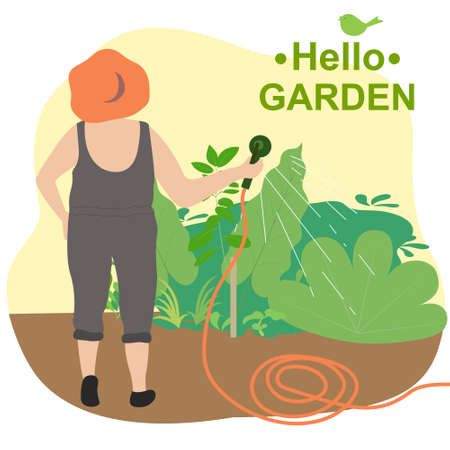 Vector flat illustration. Woman gardener in a hat plants a seedling of a tree in the ground. Spring conceptのイラスト素材