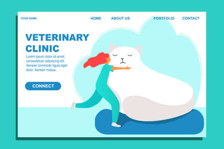 Veterinary clinic vector blank for banner. Doctor girl in uniform hugs a big white cat.のイラスト素材