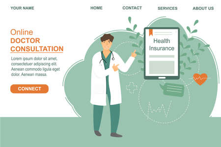 Vector medical landing template. Doctor in uniform with at the tablet. Online medical consultation. Health insuranceのイラスト素材