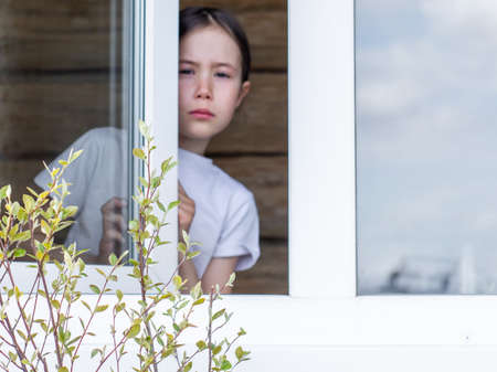 Child girl looks out the window of her apartment and enjoys the spring dayの写真素材