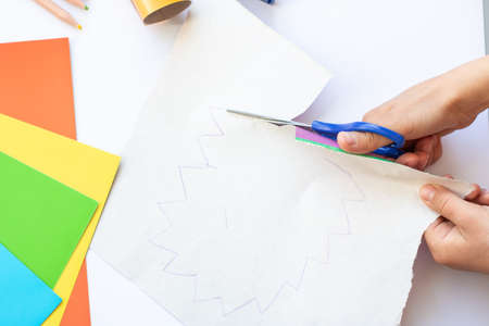 DIY a child makes a cute hedgehog from cardboard and colored paper. Home creativityの写真素材