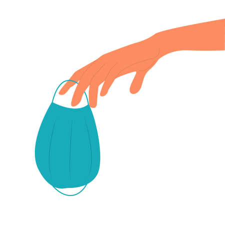 Vector illustration a man's hand holds a medical mask. Virus protection.のイラスト素材