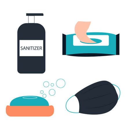 Vector virus protection kit. Medical mask, hand antiseptic, soap, antibacterial wet wipesのイラスト素材