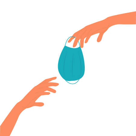 Medical mask from hand to hand. Humanitarian medical care. Vector concept illustration.のイラスト素材