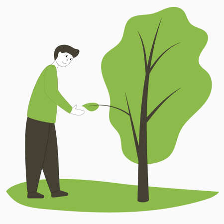 Landscaping design landing template. Eco concept. Man is friends with nature.のイラスト素材