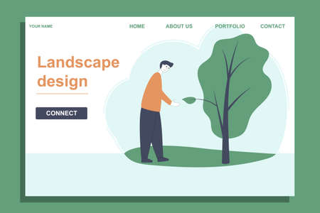 Landscaping design landing template. Eco concept. Man is friends with nature.のイラスト素材