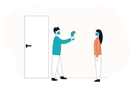Checking temperature with a non-contact thermometer. Coronavirus pandemic. Vector flat illustration.のイラスト素材