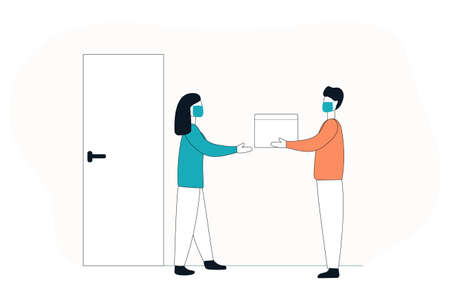 Concept delivery worker hands a parcel into a woman's hands. A man in a medical mask.のイラスト素材