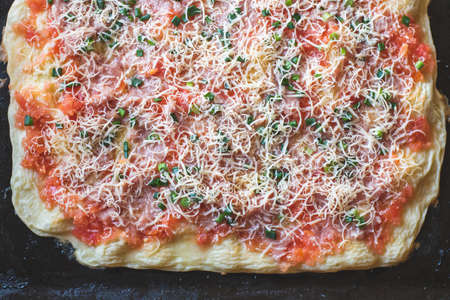 Delicious homemade pizza on a baking sheetの写真素材