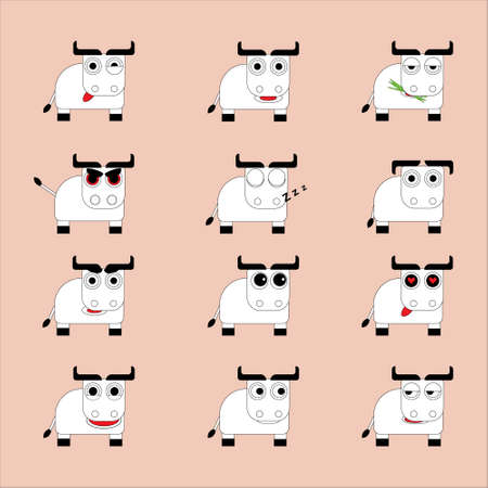 Set of 12 cute white bulls with different emotions in flat styleのイラスト素材