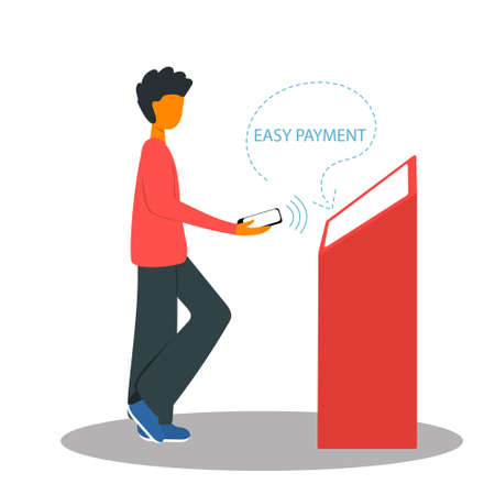 Man use terminal for a contactless wireless pay by a mobile phone. Vector concept of online shopping.のイラスト素材