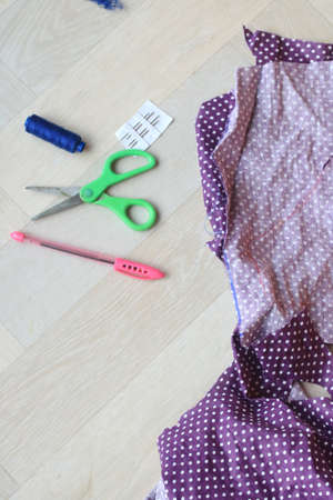 materials for sewing. Cloth, scissors, needleの写真素材