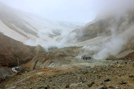 Mutnovsky volcano in Russia in Kamchatka. Mountain top. Active sports and recreation for tourists....