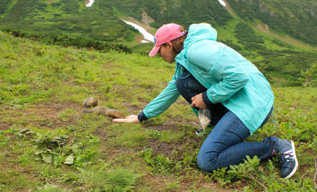 Girl dressed in blue jacket, jeans, sneakers, pink cap feed two hungry gophers with her hand bagels