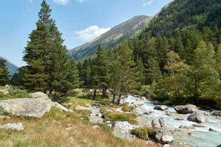 Mountain river water landscape. Alps. The cloudy sky in clear sunny day. Warm summer. Time for pedestrian tourism and family holiday with friends. Forest. Grass.の写真素材