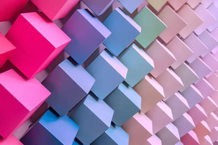 Lots of colorful cubes of diagonally. Neon modern trend. Hypnotic effect. 3D illustration. crimson colorの写真素材