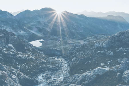 Scenic landscape outdoors. Sunset rays of the sun. Haze, mist, fog. walking, hot, bright.の写真素材