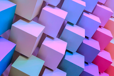 Lots of colorful cubes diagonally. Neon modern trend. hypnotic effect. 3D illustration. maranthine colorの写真素材