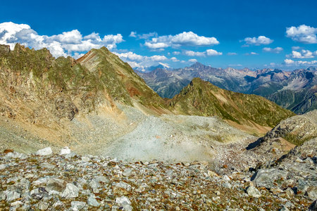 Picturesque mountain scenery with cumulus clouds. wildlife. Hiking. daytime. panorama, perspectiveの写真素材