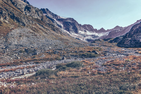 Scenic mountain scenery with cloudless skies. wildlife. A paradise for climbers. Daylight time. lifeless plainの写真素材