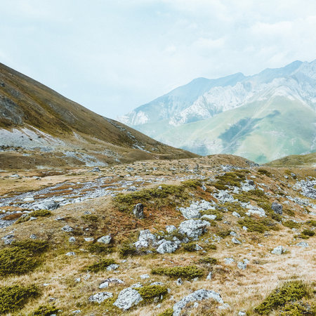 Picturesque mountain scenery with cumulus clouds. wildlife. Hiking. daytime. national parkの写真素材