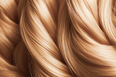Blond golden hair close-up as background, texture. long hair. Beautifully styled wavy shiny curls. Coloring. Hairdressing procedures, extensions, lamination. Blurred, defocused photo. Generative AI.の素材