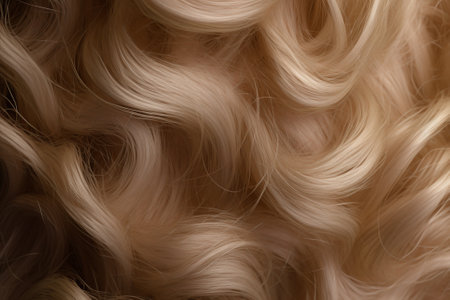 Generative AI. Texture of curly head amber tint close-up. Blurry, defocused. Blonde, wavy, long hair against background after hairdressing. Coloring, extensions, hairstyle with curls shiny colorの素材
