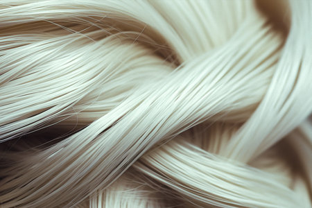 Generative AI. The texture of the head ashy tint braided in pigtails close-up. Blurry, defocused. Blonde, wavy, long hair against background after hairdressing. Coloring, extensions, hairstyleの素材