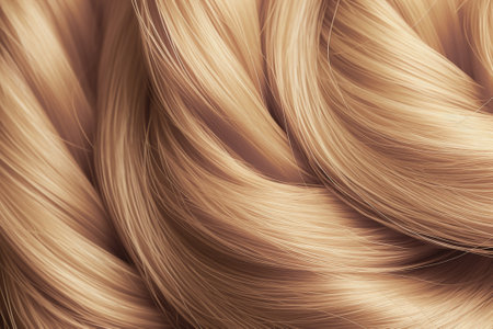 Generative AI. Texture of curly head red tint close-up. Blurry, defocused. Blonde, wavy, long hair against background after hairdressing. Coloring, extensions, hairstyle with curls shiny colorの素材
