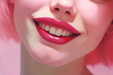 Close up view of beautiful smiling female lips with pink glossy lipstick. Open mouth with white teeth. Cosmetology or fashion makeup concept. beauty studio shot. Generative AIの素材