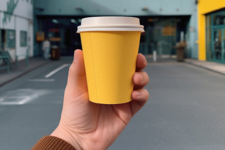 A caucasian man holds a yellow paper cup of coffee in his hand in a close-up photo outdoor on summer daytime parking space. Lifestyle of relaxing in the city with breakfast. Generative AIの素材