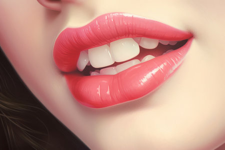 Close up view of beautiful girl lips with pink glossy lipstick. Open mouth with white teeth. Cosmetology or fashion makeup concept. beauty studio shot. Generative AIの素材