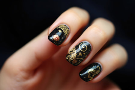 The female hand with beautiful nail art, colorful gel polish and a fashionable manicure drawing. Background of style and design. Generative AIの写真素材