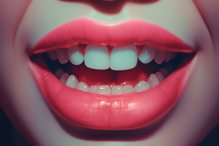 Close up view of beautiful young woman lips with pink glossy lipstick. Open mouth with white teeth. Cosmetology or fashion makeup concept. beauty studio shot. Generative AIの素材