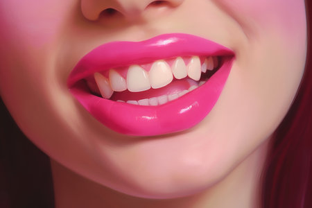 Close up view of beautiful attractive woman lips with pink glossy lipstick. Open mouth with white teeth. Cosmetology or fashion makeup concept. beauty studio shot. Generative AIの素材