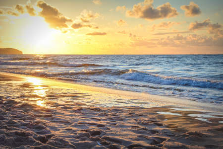 Sunset on the beach in ChÅapowo - Poland, colorful sky, summer eveningの写真素材