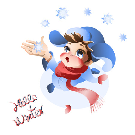 Adorable boy catches the first snowflake vectorのイラスト素材