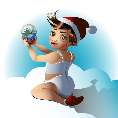 Cute child holds a glass ball. It's a gift for the holiday.のイラスト素材