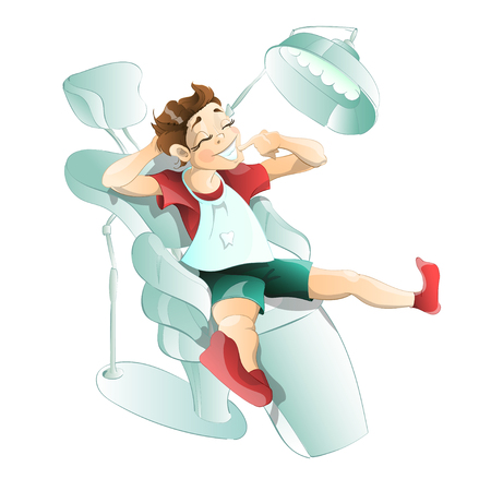 Cute boy shows off his healthy teeth after treatment.のイラスト素材