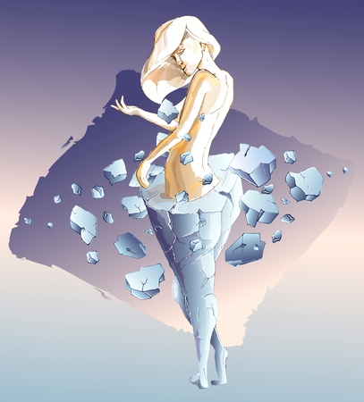 A slender girl emerges from a stone statue of a fat woman. Fragments from the crumbling statue scatter in different directions. The concept of weight loss, fitness, healthy lifestyle, liposuction surgery. Vector illustration.のイラスト素材