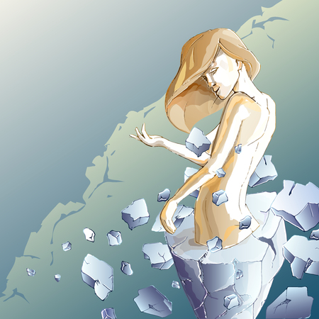 A slender girl emerges from a stone statue of a fat woman. The concept of weight loss, fitness, healthy lifestyle, liposuction surgery. Vector illustration.のイラスト素材
