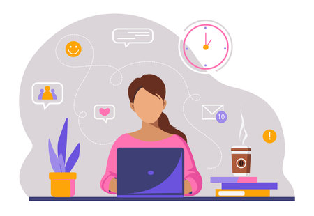 workplace. Woman with laptop, education or work concept.のイラスト素材